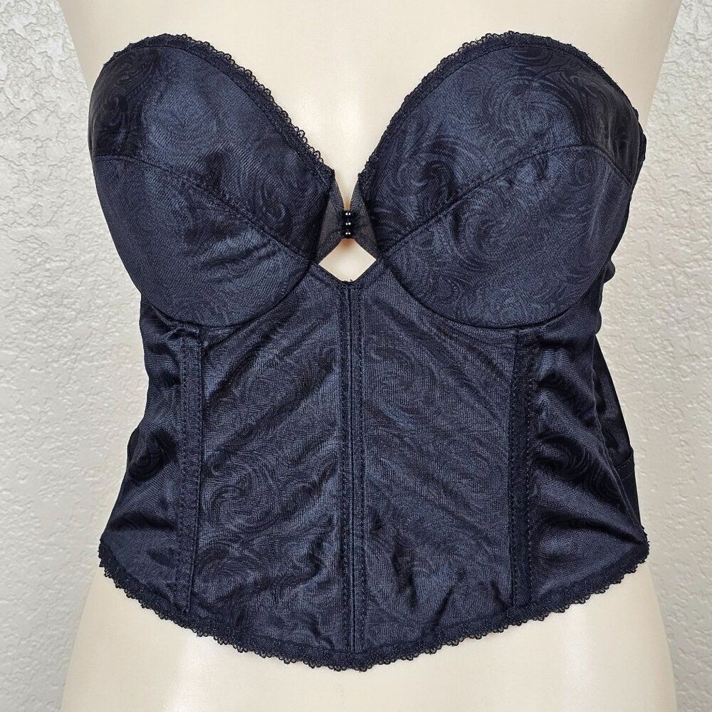 Vtg Sophistique By Smoothie Black Bustier Long Line Bra Boning Floral Lace 36B